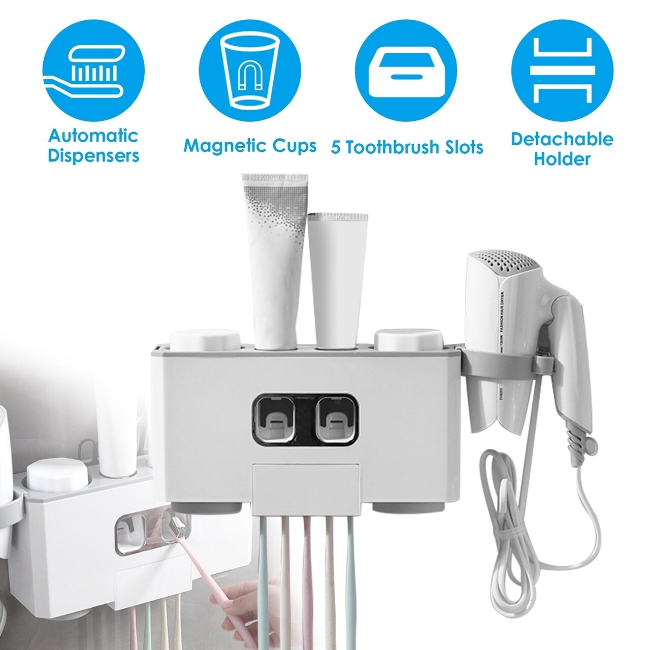 Automatic Toothpaste Dispenser Multifunctional Toothbrush Holder Rack White 5 Slots